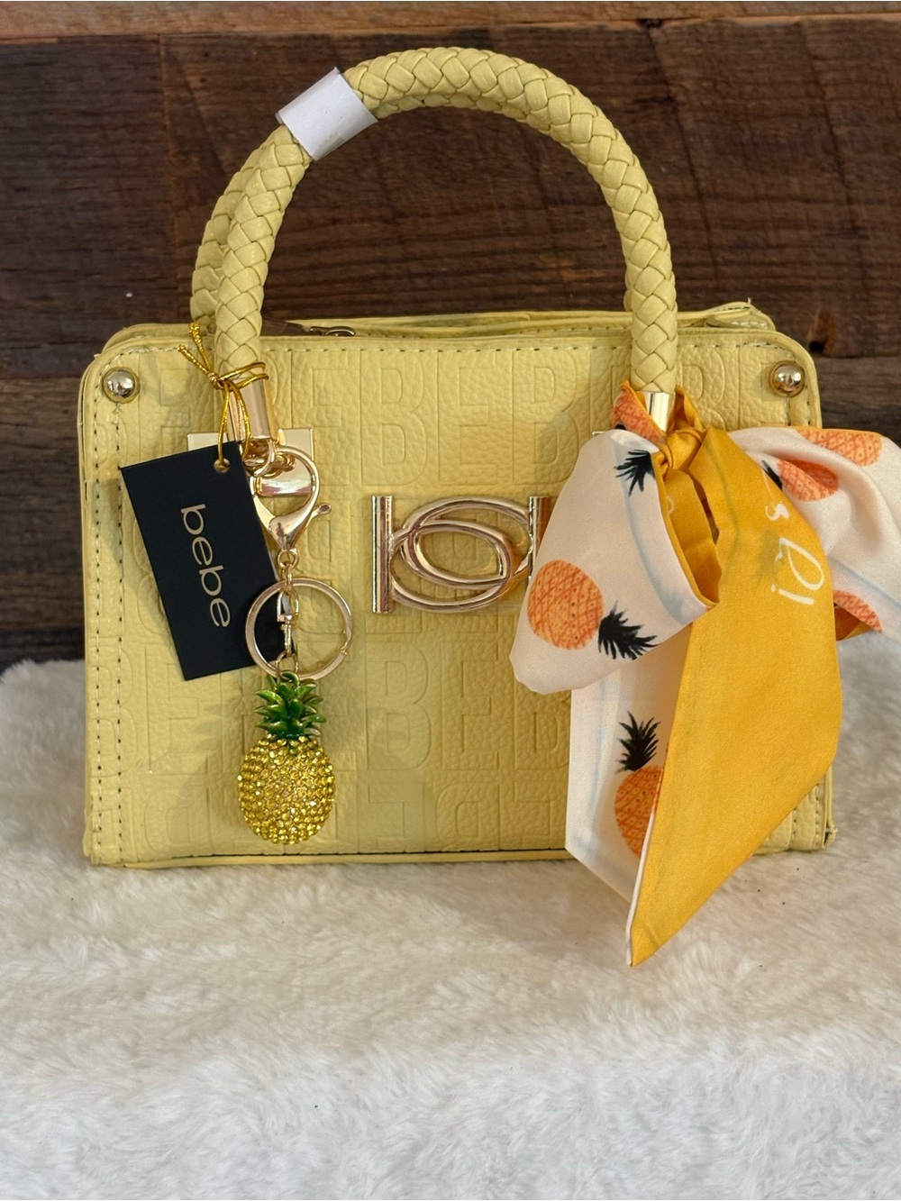 bebe Lemon Yellow Embossed Top-Handle Satchel with Pineapple Charm